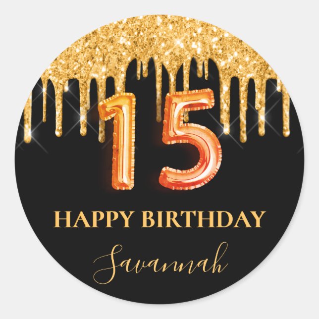 Pegatina Redonda Quinceanera purpurina de oro negro estilo globo fi (Anverso)