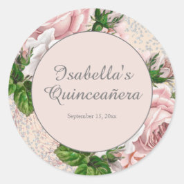 Pegatina Redonda Quinceañera, Purpurina floral de cosecha rosa Rubo