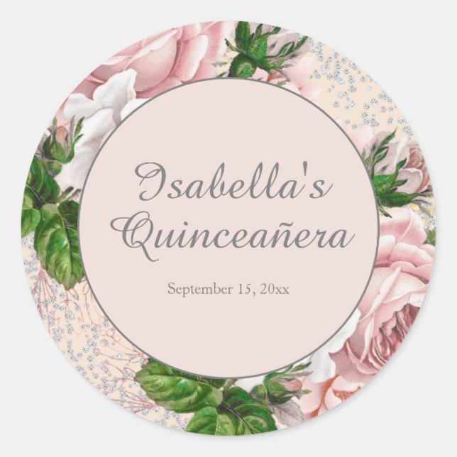 Pegatina Redonda Quinceañera, Purpurina floral de cosecha rosa Rubo (Anverso)
