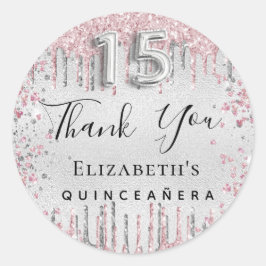 Pegatina Redonda Quinceanera purpurina rosa plateado gotea gracias