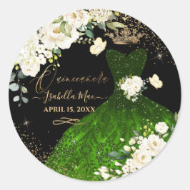 Pegatina Redonda Quinceanera Purpurina Verde Oscuro vestido de Rosa