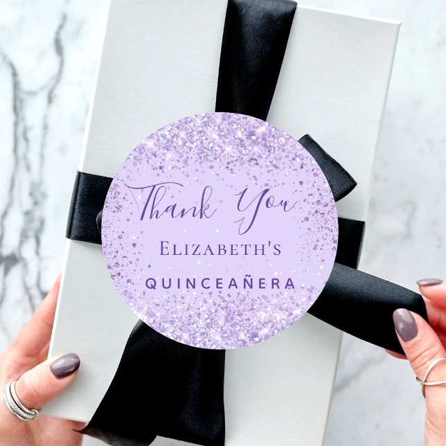Pegatina Redonda Quinceanera purpurina violeta nombre gracias (Subido por el creador)