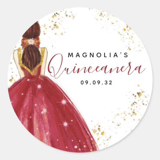 Pegatina Redonda Quinceanera Red Dress Gold Purpurina (Anverso)