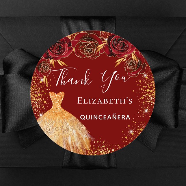 Pegatina Redonda Quinceanera red gold dress Thank You (Subido por el creador)