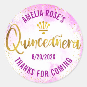 Pegatina Redonda Quinceañera Relieve metalizado dorado acuático ros