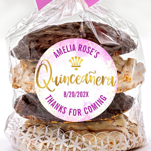 Pegatina Redonda Quinceañera Rosa Acuarela Lámina Dorada Glam Moder