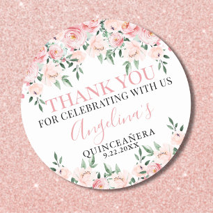 Pegatina Redonda Quinceañera Rosa Floral
