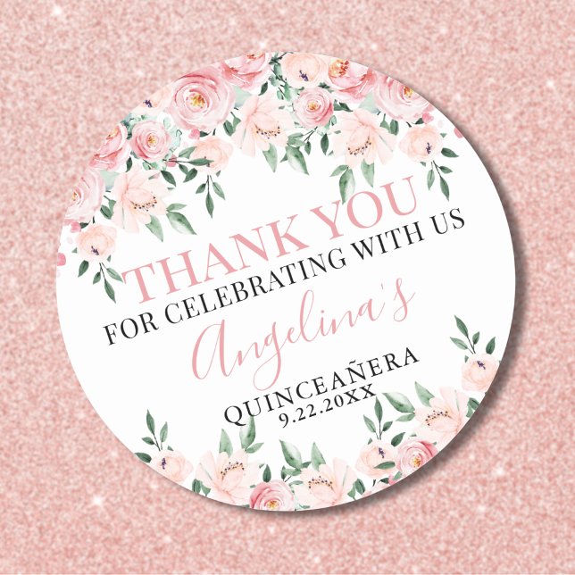 Pegatina Redonda Quinceañera Rosa Floral (Floral Pink Quinceañera Birthday Thank You Classic Round Sticker)