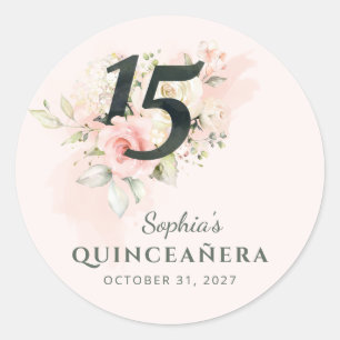 Pegatina Redonda Quinceañera Rosa Floral Acuarela 15 Cumpleaños