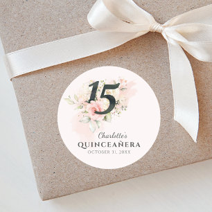 Pegatina Redonda Quinceañera Rosa Floral Cumpleaños 15