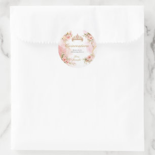 Pegatina Redonda Quinceañera Rosa Floral Dorado