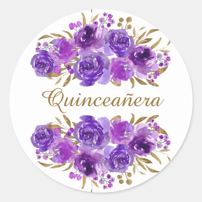 Pegatina Redonda Quinceanera, Rosa morado y hoja de oro (Anverso)
