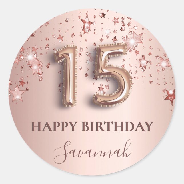 Pegatina Redonda Quinceanera rosa oro estrellas rosa fuente de glob (Anverso)