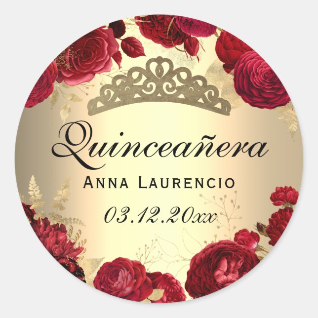 Pegatina Redonda Quinceañera Rosas Florales Rojas Doradas (Anverso)