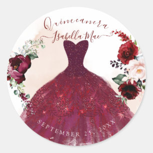 Pegatina Redonda Quinceanera Rubor Burgundy Watercolor Flores