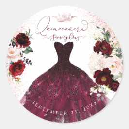 Pegatina Redonda Quinceanera Rubor Burgundy Watercolor Flores Clas