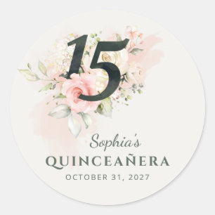 Pegatina Redonda Quinceanera Rústica Floral Rosa Rubor 15º cumpleañ