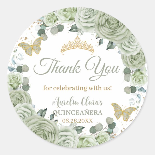 Pegatina Redonda Quinceañera Sage Green Floral Butterflies Gold (Anverso)
