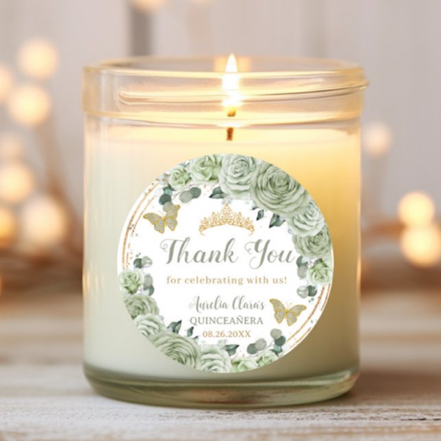 Pegatina Redonda Quinceañera Sage Green Floral Gold Butterflies (Subido por el creador)