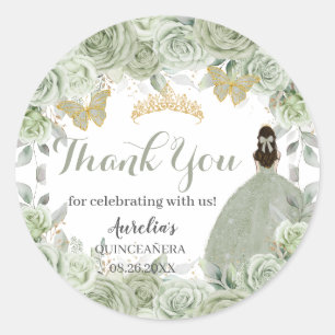 Pegatina Redonda Quinceañera Sage Green Floral Printerflies