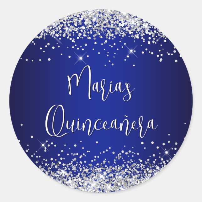 Pegatina Redonda Quinceañera Silver Glitter Royal Blue Navy Ombre (Anverso)