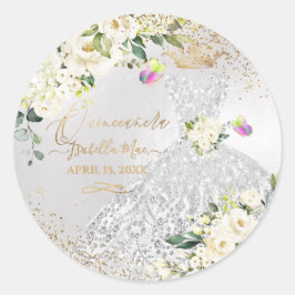 Pegatina Redonda Quinceanera Silver Gown Purpurina Cream Rosas C