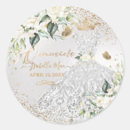 Pegatina Redonda Quinceanera Silver Gown Purpurina Cream Rosas C