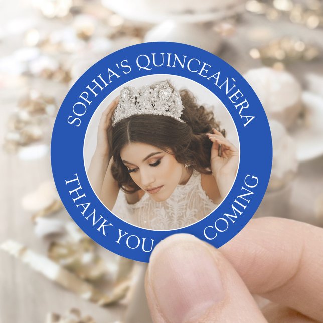 Pegatina Redonda Quinceañera Simple Foto Real Azul Gracias (Subido por el creador)
