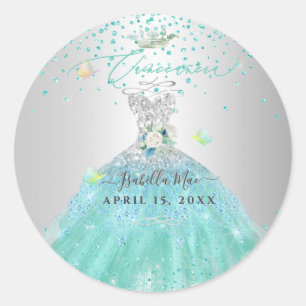 Pegatina Redonda Quinceanera Turquoise Purpurina Gown