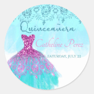 Pegatina Redonda quinceanera verde azulado 15 cumpleaños
