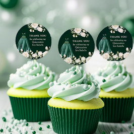 Pegatina Redonda Quinceanera verde esmeralda princesa vestido flora