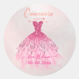 Pegatina Redonda Quinceañera, vestido de brillo, Rosa Cereza Ombre