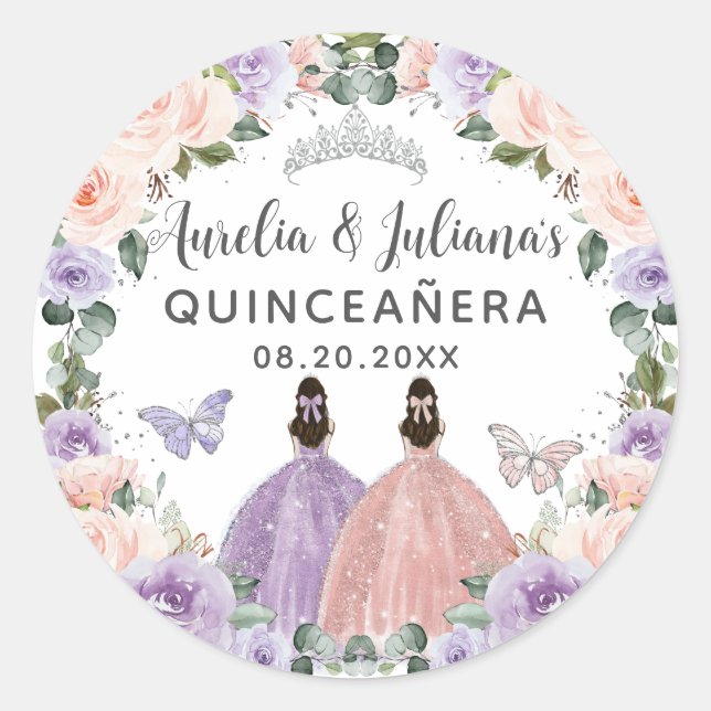 Pegatina Redonda Quinceañera XV Dulce 16 Gemelos Florales Rubor Lil (Anverso)