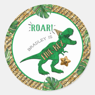 Pegatina Redonda Quinto cumpleaños de Dinosaurio Quinto Rex