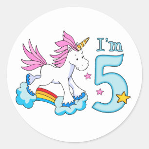 Pegatina Redonda Quinto cumpleaños de Unicornio Rainbow