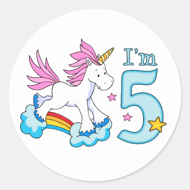 Pegatina Redonda Quinto cumpleaños de Unicornio Rainbow (Anverso)