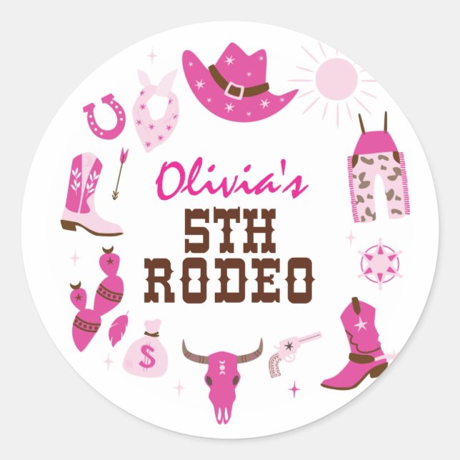 Pegatina Redonda Quinto Rodeo Pink Western Cowboy 5º cumpleaños (Anverso)