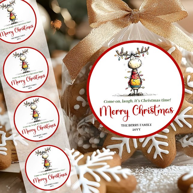 Pegatina Redonda Quirky reindeer fun whimsical Xmas sticker style (Quirky reindeer fun whimsical Xmas sticker style)
