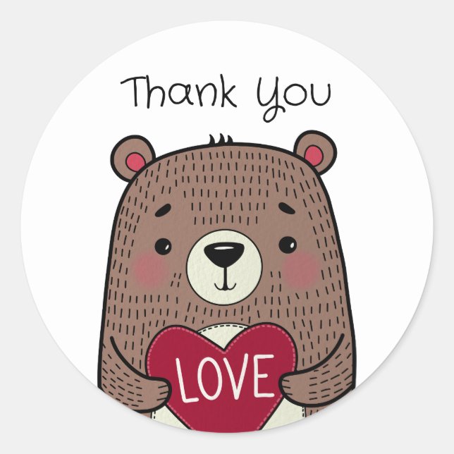 Pegatina Redonda Quirky Whimsical Bear Con Dibujo Cardíaco Gracias (Anverso)