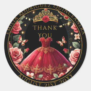 Pegatina Redonda Quniceanera Favor Bolsa Roses Rojas Floral Gracias