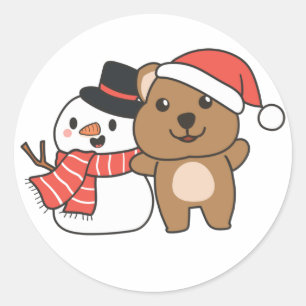 Pegatina Redonda Quokka Con Snowman En Invierno En Clásico De Navid