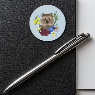 Pegatina Redonda Quokka Feliz Australia Floral Azul