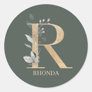 Pegatina Redonda R Monograma Floral Personalizado