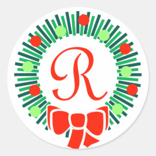 Pegatina Redonda R Monograma (Wreath de Navidades retro)