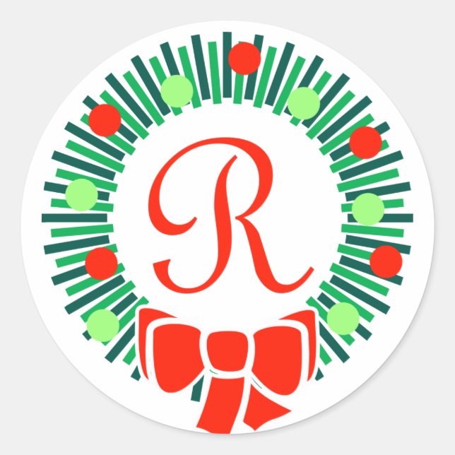 Pegatina Redonda R Monograma (Wreath de Navidades retro) (Anverso)