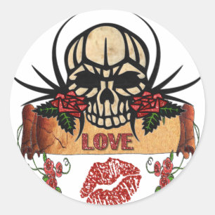 Pegatina Redonda RAB Rockabilly Cráneo Rosas Amor Lápiz Labial