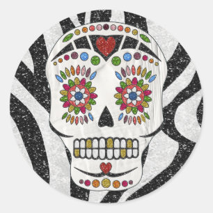 Pegatina Redonda RAB Rockabilly Sugar Skull en Estampado de Cebra
