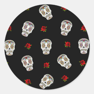 Pegatina Redonda RAB Rockabilly Sugar Skulls Rosas en negro