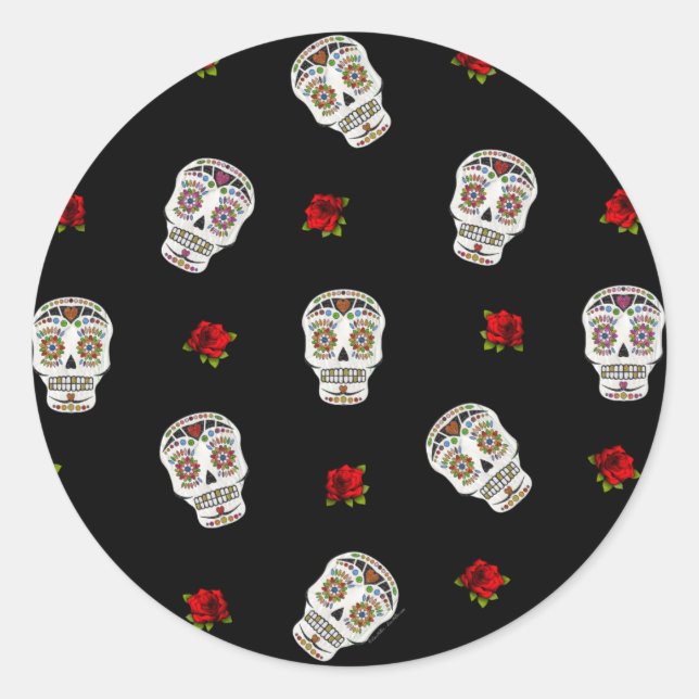 Pegatina Redonda RAB Rockabilly Sugar Skulls Rosas en negro (Anverso)