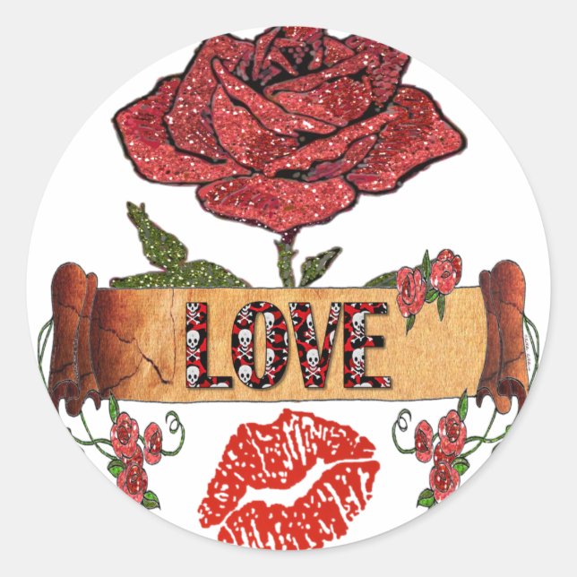 Pegatina Redonda RAB Rockabilly Valentine Rosas, Love & Lipstick (Anverso)